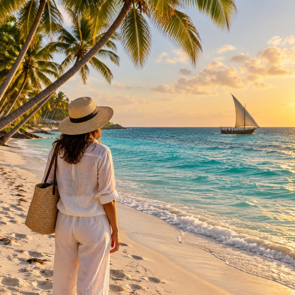 Traveler watching a dhow sail across the turquoise water at Diani Beach on the Kenyan coast