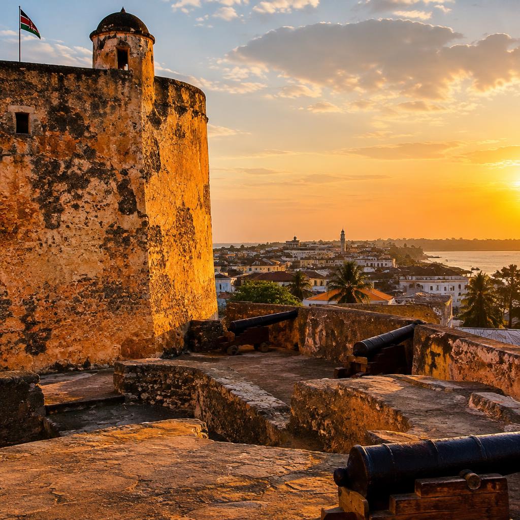 Fort Jesus and the historic old town of Mombasa at sunset