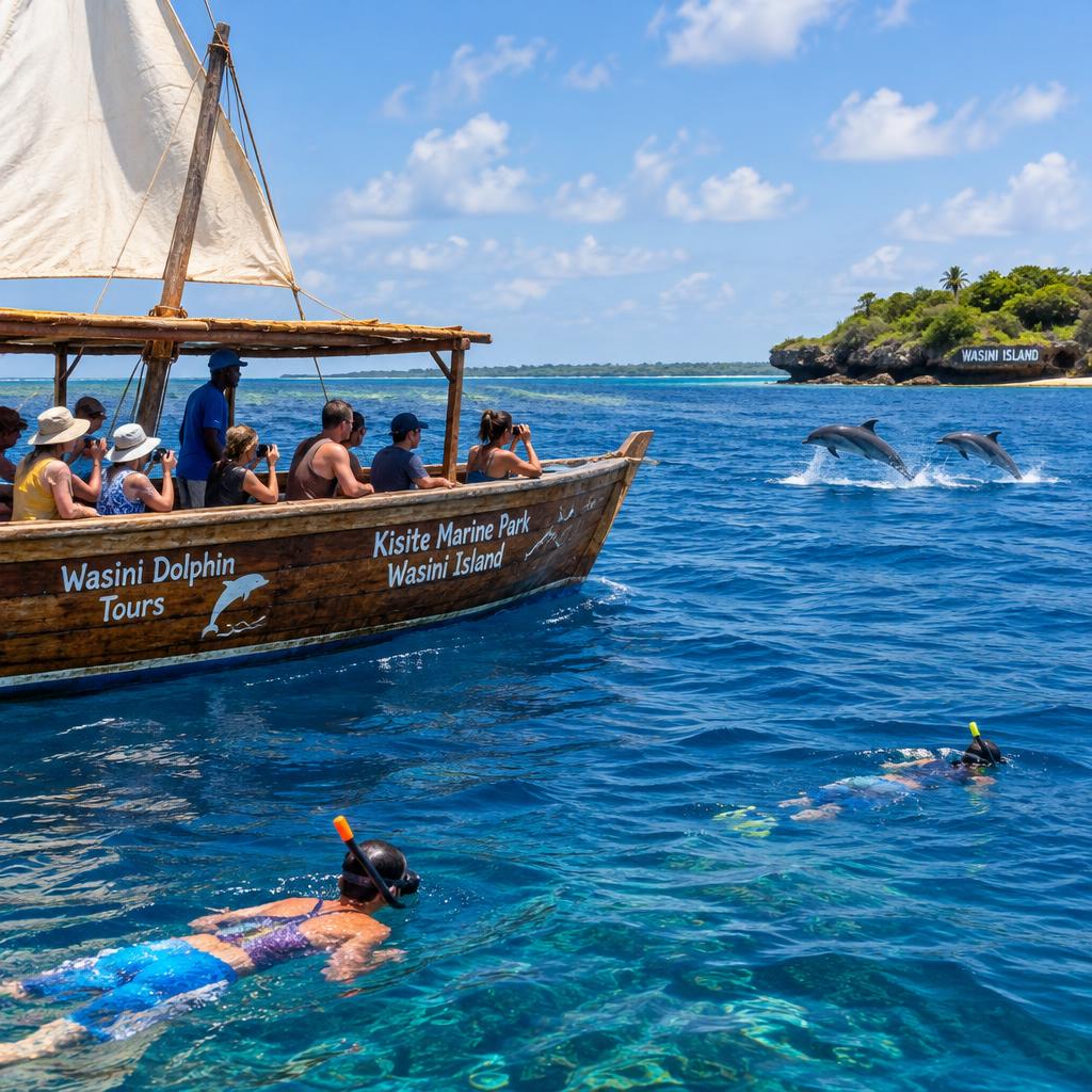 Dolphin watching and snorkeling dhow near Wasini Island
